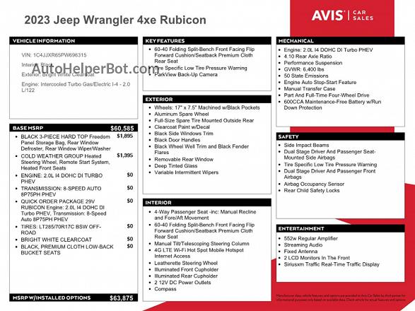 2023 Jeep Wrangler Rubicon 4xe White vin: 1C4JJXR65PW696315