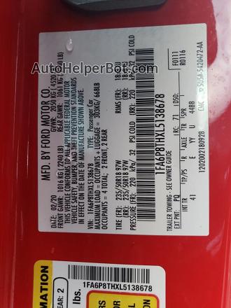 2020 Ford Mustang  Red vin: 1FA6P8THXL5138678