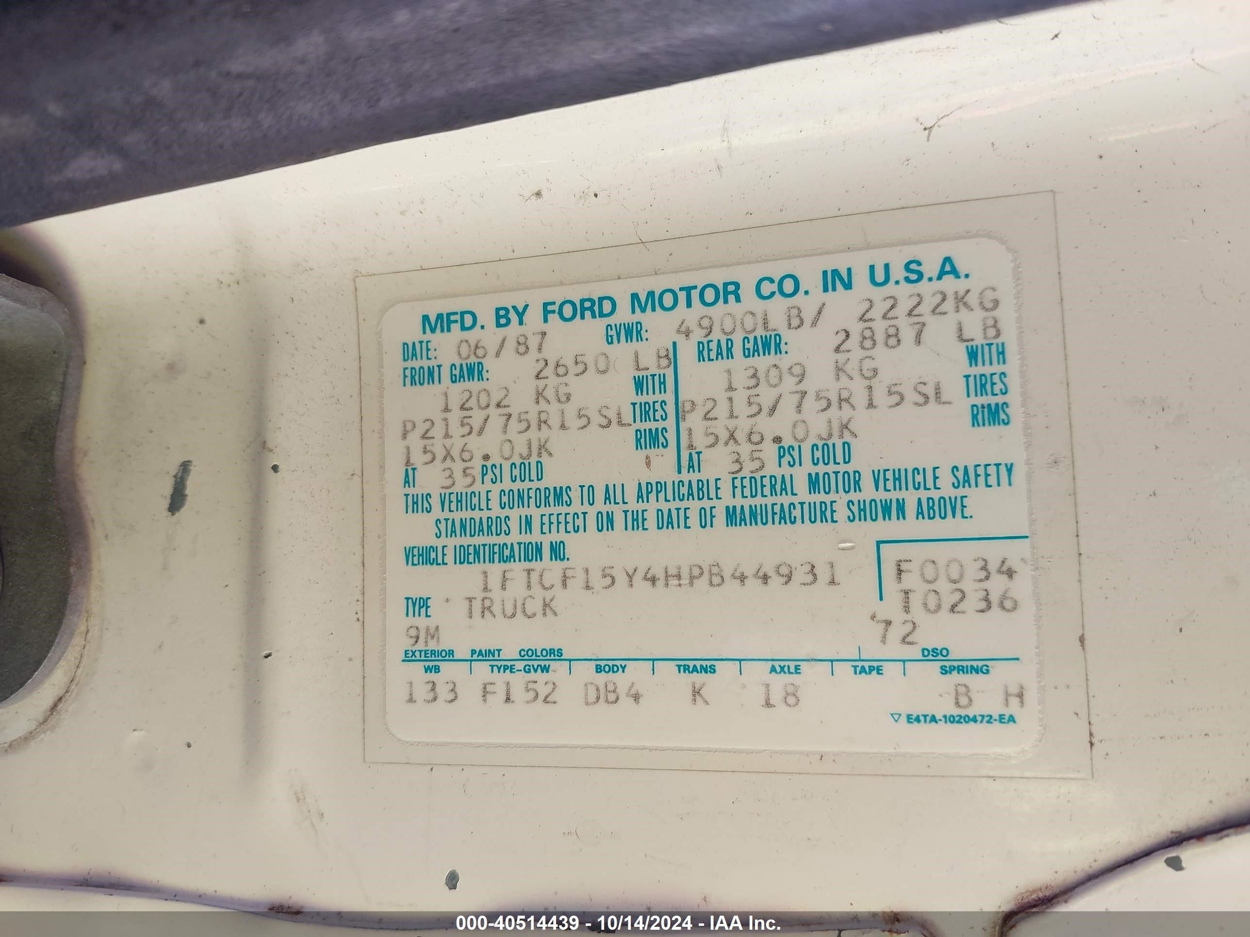 Price & History 1987 Ford F150 4.9l I6 Fi F vin: 1FTCF15Y4HPB44931