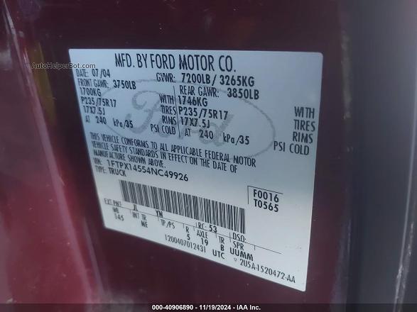 2004 Ford F-150 Fx4/lariat/xl/xlt Burgundy vin: 1FTPX14554NC49926