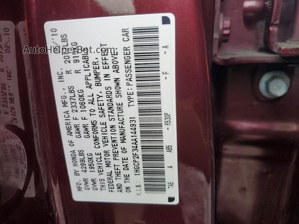 2010 Honda Accord Lx Бордовый vin: 1HGCP2F34AA144931