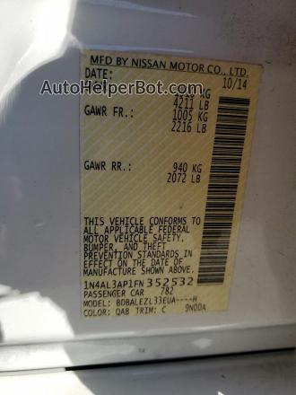 2015 Nissan Altima 2.5 White vin: 1N4AL3AP1FN352532