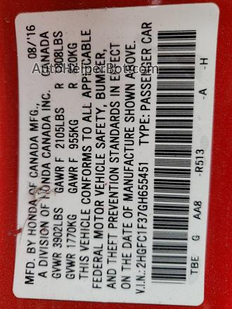2016 Honda Civic Ex Red vin: 2HGFC1F37GH655451
