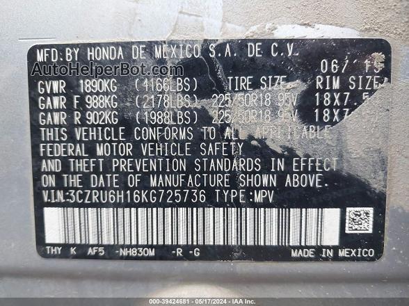 2019 Honda Hr-v Sport Silver vin: 3CZRU6H16KG725736