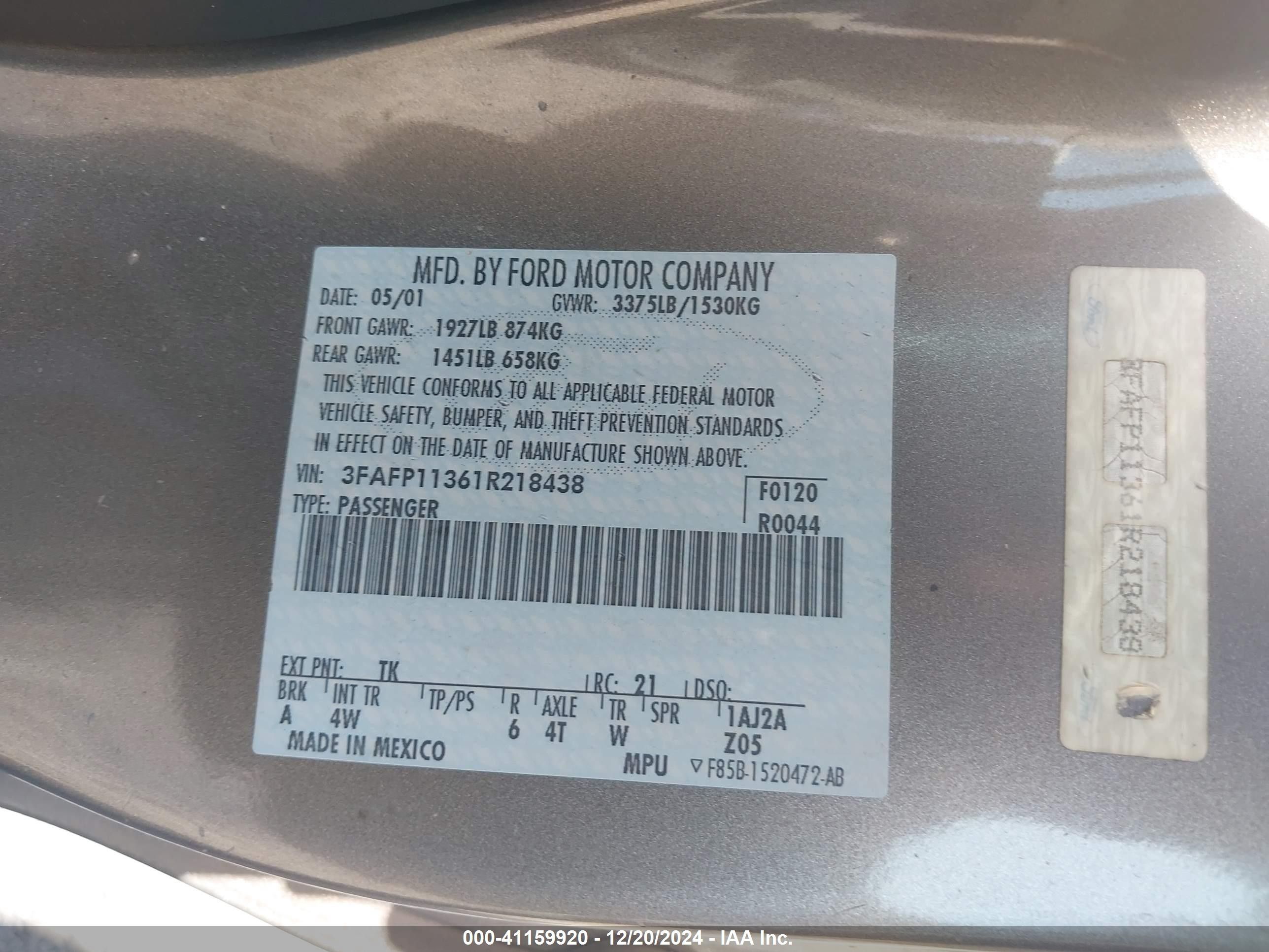 Price & History 2001 Ford Escort Zx2 2.0l I-4 Dohc, 130hp vin