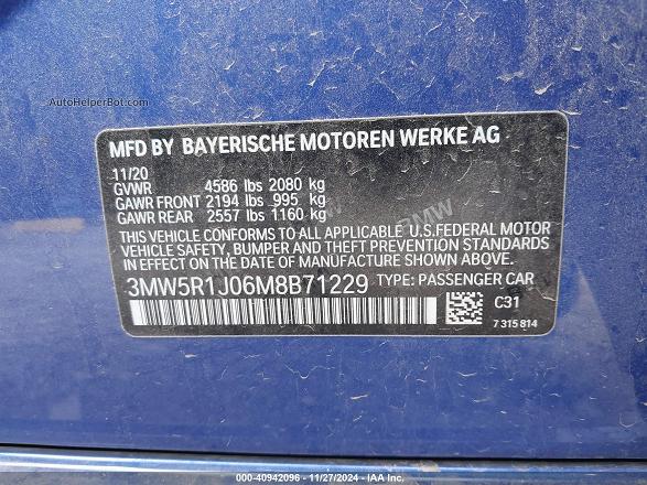 2021 Bmw 330i   Синий vin: 3MW5R1J06M8B71229