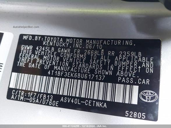2011 Toyota Camry   Silver vin: 4T1BF3EK6BU617137