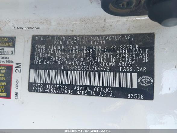 2011 Toyota Camry Se White vin: 4T1BF3EK6BU704472