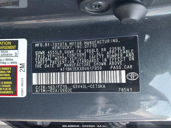 2011 Toyota Camry Se V6 Gray vin: 4T1BK3EKXBU617959