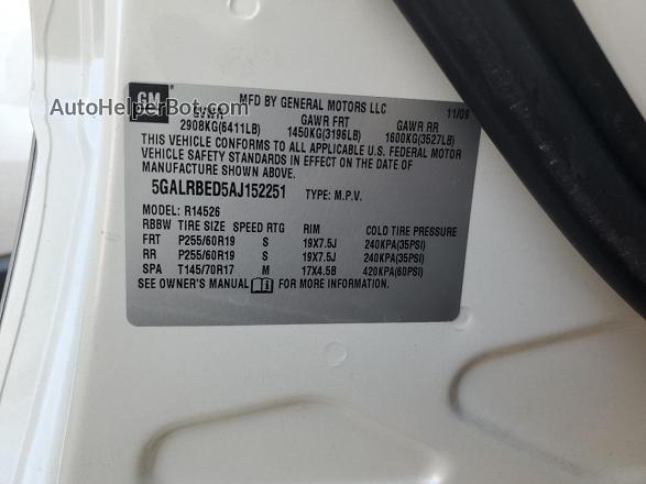 2010 Buick Enclave Cxl White vin: 5GALRBED5AJ152251