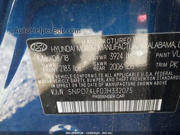 2018 Hyundai Elantra Se Blue vin: 5NPD74LF0JH332075