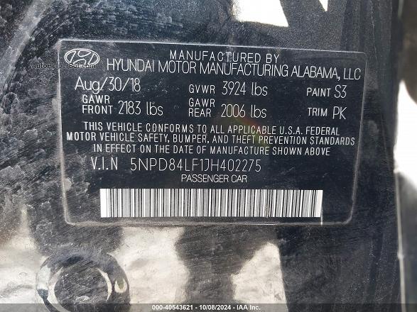2018 Hyundai Elantra Sel Black vin: 5NPD84LF1JH402275