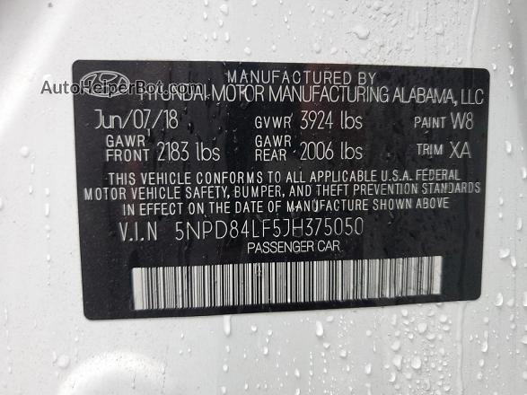 2018 Hyundai Elantra Sel White vin: 5NPD84LF5JH375050
