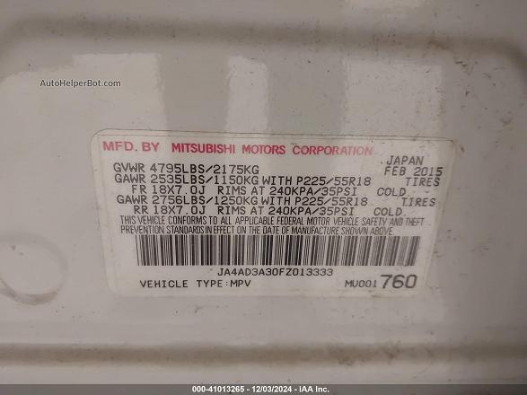 2015 Mitsubishi Outlander Se White vin: JA4AD3A30FZ013333