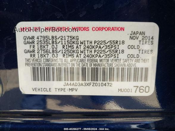 2015 Mitsubishi Outlander Se Синий vin: JA4AD3A3XFZ010472