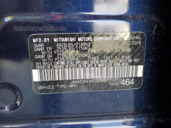 2017 Mitsubishi Outlander Se Синий vin: JA4AZ3A33HZ025691