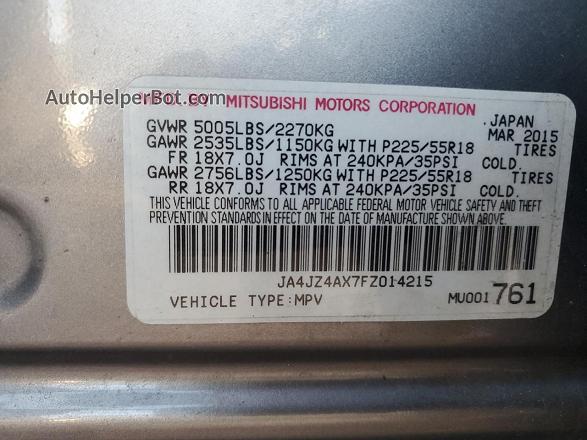 2015 Mitsubishi Outlander Gt Silver vin: JA4JZ4AX7FZ014215