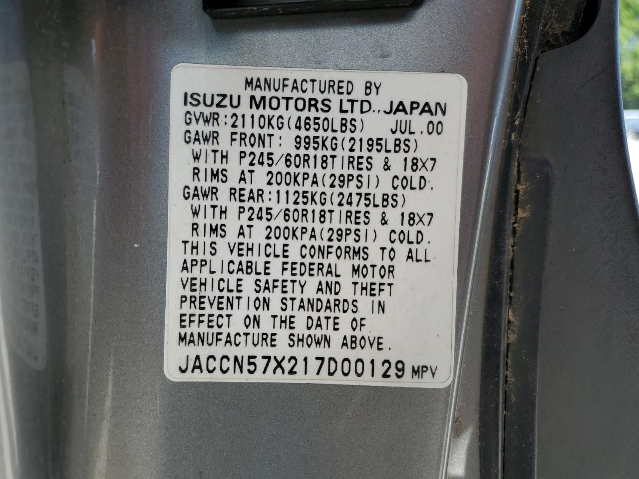 Price & History 2001 Isuzu Vehicross 3.5l 6 vin: JACCN57X217D00129