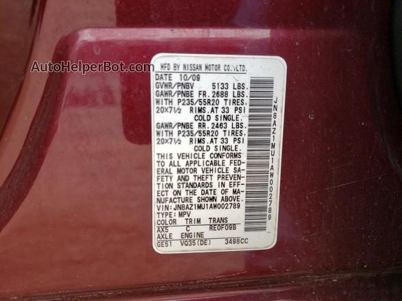 2010 Nissan Murano S Maroon vin: JN8AZ1MU1AW002789
