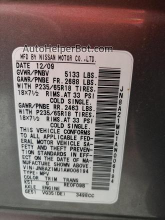 2010 Nissan Murano S Gray vin: JN8AZ1MU1AW006194
