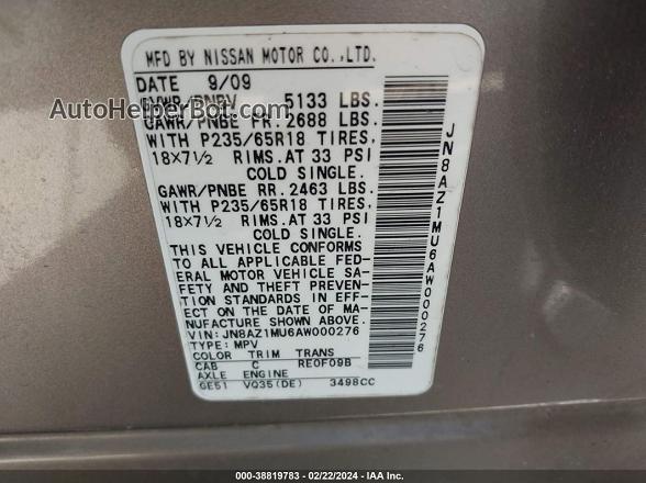 2010 Nissan Murano Sl Gray vin: JN8AZ1MU6AW000276