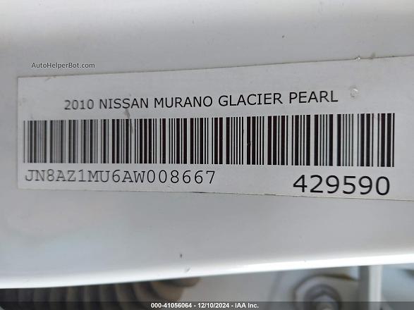 2010 Nissan Murano Sl White vin: JN8AZ1MU6AW008667