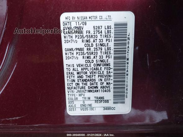 2010 Nissan Murano Le Maroon vin: JN8AZ1MW2AW110405