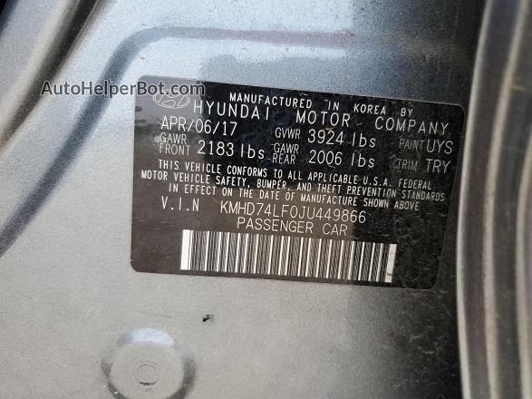 2018 Hyundai Elantra Se Gray vin: KMHD74LF0JU449866
