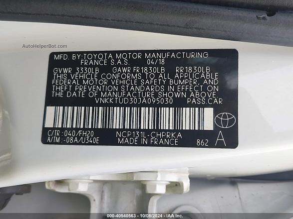 2018 Toyota Yaris Le White vin: VNKKTUD30JA095030